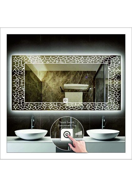 80x100 Cm Günışığı Ledli Tasarım Kumlamalı Dokunmatik Tuşlu Banyo Aynası Makyaj Aynası Işıklı Ayna
