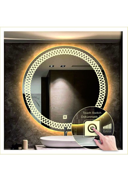 Dnr-Mirror 80 cm Günışığı Ledli Tasarım Kumlamalı Dokunmatik Tuşlu Banyo Aynası Makyaj Aynası Işıklı Ayna
