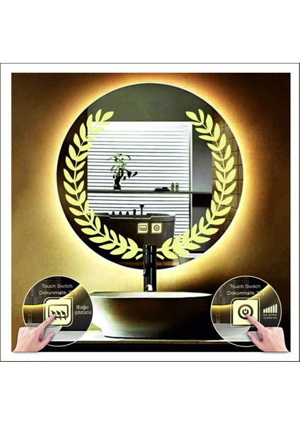 Dnr-Mirror 80 cm Günışığı Ledli Tasarım Kumlamalı Dokunmatik Tuşlu Buğu Önleyicili Banyo Aynası Makyaj Aynası