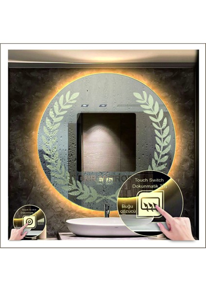 Dnr-Mirror 80 cm Günışığı Ledli Tasarım Kumlamalı Dokunmatik Tuşlu Buğu Önleyicili Banyo Aynası Makyaj Aynası fiyatları