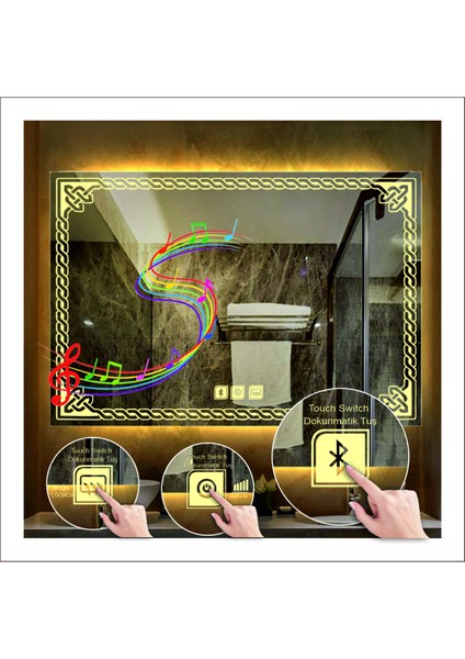 75x105 Cm Günışığı Ledli Tasarım Kumlamalı Dokunmatik Bluetoothlu Buğu Önleyicili Banyo Aynası