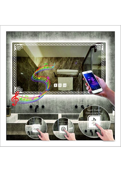 75x105 Cm Günışığı Ledli Tasarım Kumlamalı Dokunmatik Bluetoothlu Buğu Önleyicili Banyo Aynası