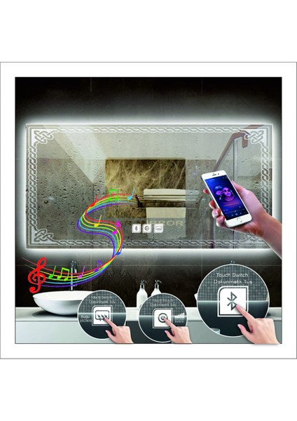 75x105 Cm Günışığı Ledli Tasarım Kumlamalı Dokunmatik Bluetoothlu Buğu Önleyicili Banyo Aynası
