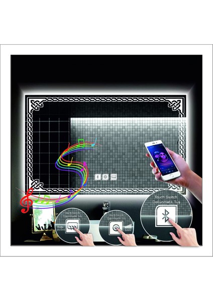 75x105 Cm Günışığı Ledli Tasarım Kumlamalı Dokunmatik Bluetoothlu Buğu Önleyicili Banyo Aynası