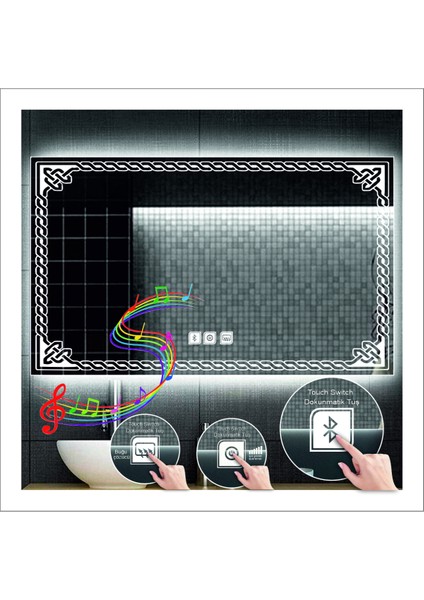 70x100 Cm Günışığı Ledli Tasarım Kumlamalı Dokunmatik Bluetoothlu Buğu Önleyicili Banyo Aynası indirimleri