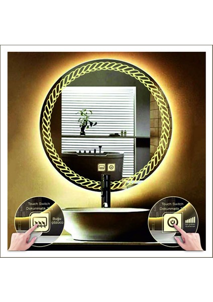 Dnr-Mirror 70 cm Günışığı Ledli Tasarım Kumlamalı Dokunmatik Tuşlu Buğu Önleyicili Banyo Aynası Makyaj Aynası