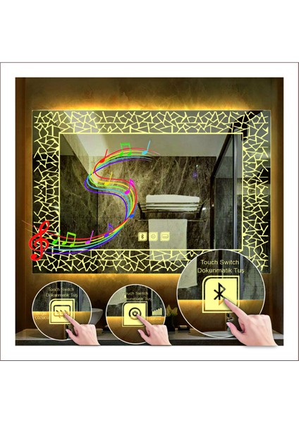 80x120 Cm Günışığı Ledli Tasarım Kumlamalı Dokunmatik Bluetoothlu Buğu Önleyicili Banyo Aynası