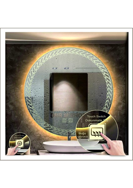 Dnr-Mirror 80 cm Günışığı Ledli Tasarım Kumlamalı Dokunmatik Tuşlu Buğu Önleyicili Banyo Aynası Makyaj Aynası