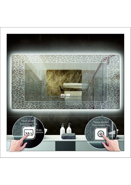 60xDnr-Mirror 80 cm Beyaz Ledli Tasarım Kumlamalı Dokunmatik Tuşlu Buğu Önleyicili Banyo Aynası Makyaj Aynası modelleri