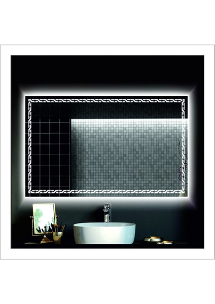 70x100 Cm Beyaz Ledli Tasarım Kumlamalı Banyo Aynası Makyaj Aynası Işıklı Ayna