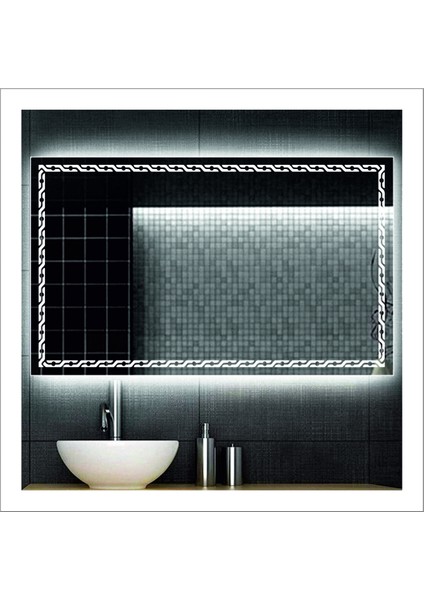 70x100 Cm Beyaz Ledli Tasarım Kumlamalı Banyo Aynası Makyaj Aynası Işıklı Ayna