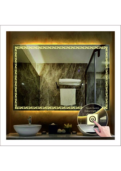 65x90 Cm Günışığı Ledli Tasarım Kumlamalı Dokunmatik Tuşlu Banyo Aynası Makyaj Aynası Işıklı Ayna