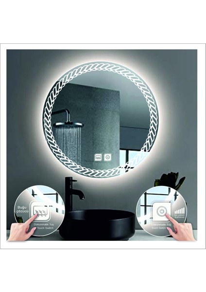 55 Cm Günışığı Ledli Tasarım Kumlamalı Dokunmatik Tuşlu Buğu Önleyicili Banyo Aynası Makyaj Aynası