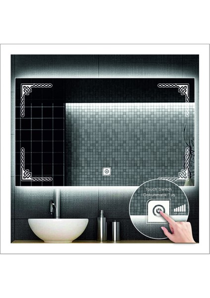 80x120 Cm Beyaz Ledli Tasarım Kumlamalı Dokunmatik Tuşlu Banyo Aynası Makyaj Aynası Işıklı Ayna