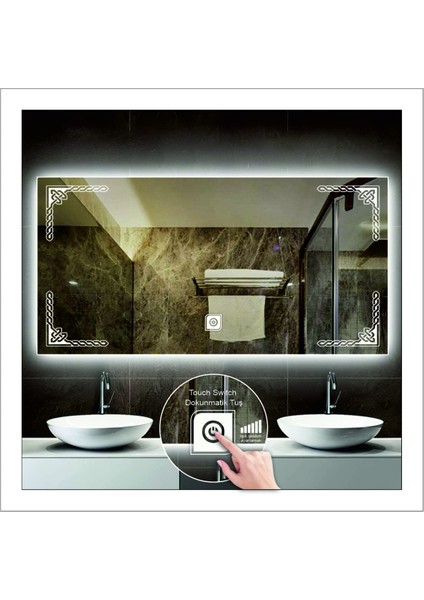 80x120 Cm Beyaz Ledli Tasarım Kumlamalı Dokunmatik Tuşlu Banyo Aynası Makyaj Aynası Işıklı Ayna