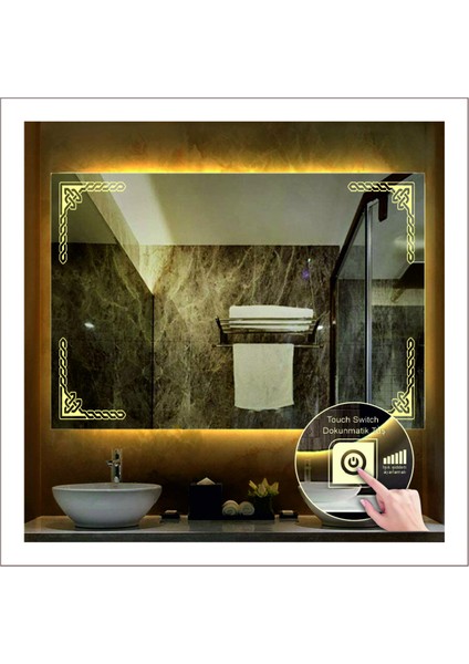 80x120 Cm Beyaz Ledli Tasarım Kumlamalı Dokunmatik Tuşlu Banyo Aynası Makyaj Aynası Işıklı Ayna