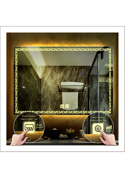 60xDnr-Mirror 80 cm Günışığı Ledli Tasarım Kumlamalı Dokunmatik Tuşlu Buğu Önleyicili Banyo Aynası