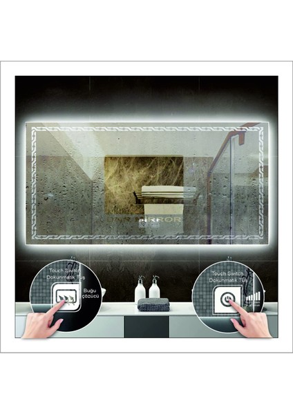 60xDnr-Mirror 80 cm Günışığı Ledli Tasarım Kumlamalı Dokunmatik Tuşlu Buğu Önleyicili Banyo Aynası