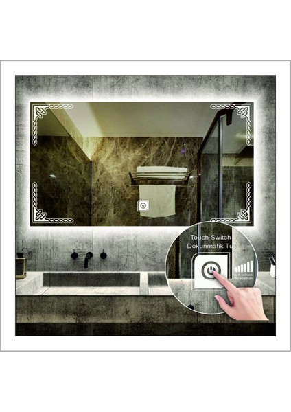 Dnr-Mirror70x90 Cm Beyaz Ledli Tasarım Kumlamalı Dokunmatik Tuşlu Banyo Aynası Makyaj Aynası Işıklı Ayna