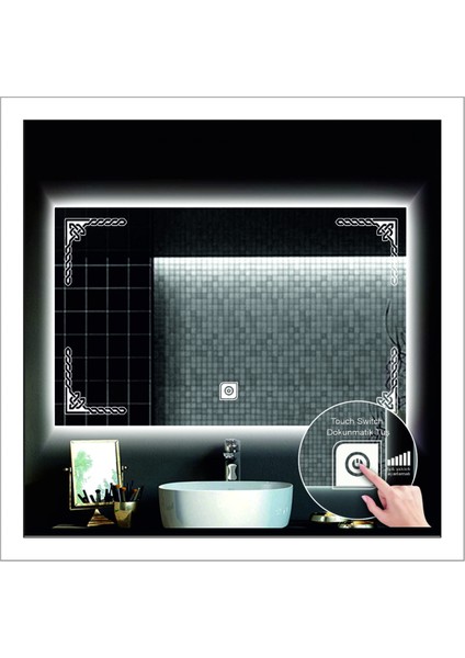 Dnr-Mirror70x90 Cm Beyaz Ledli Tasarım Kumlamalı Dokunmatik Tuşlu Banyo Aynası Makyaj Aynası Işıklı Ayna