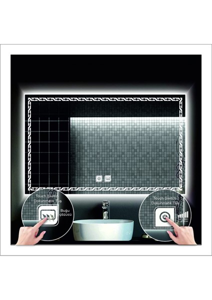 75x105 Cm Beyaz Ledli Tasarım Kumlamalı Dokunmatik Tuşlu Buğu Önleyicili Banyo Aynası Makyaj Aynası