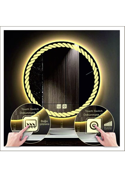 50 Cm Günışığı Ledli Tasarım Kumlamalı Dokunmatik Tuşlu Buğu Önleyicili Banyo Aynası Makyaj Aynası modelleri