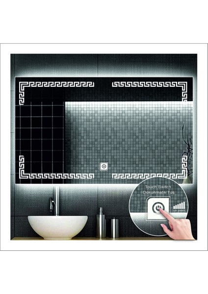 80x100 Cm Beyaz Ledli Tasarım Kumlamalı Dokunmatik Tuşlu Banyo Aynası Makyaj Aynası Işıklı Ayna fiyatları