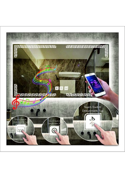 80x100 Cm Günışığı Ledli Tasarım Kumlamalı Dokunmatik Bluetoothlu Buğu Önleyicili Banyo Aynası fiyatları