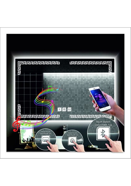 75x105 Cm Günışığı Ledli Tasarım Kumlamalı Dokunmatik Bluetoothlu Buğu Önleyicili Banyo Aynası fırsatları