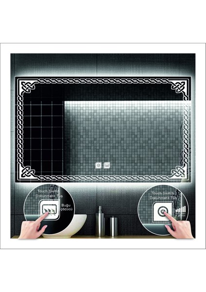 50xDnr-Mirror 70 cm Beyaz Ledli Tasarım Kumlamalı Dokunmatik Tuşlu Buğu Önleyicili Banyo Aynası Makyaj Aynası modelleri