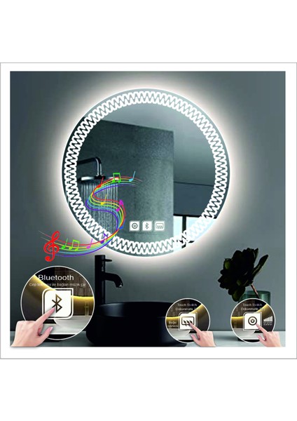 Dnr-Mirror 80 cm Beyaz Ledli Tasarım Kumlamalı Dokunmatik Bluetoothlu Buğu Önleyicili Banyo Aynası Makyaj Ayna fiyatları