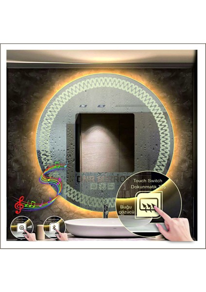 Dnr-Mirror 80 cm Beyaz Ledli Tasarım Kumlamalı Dokunmatik Bluetoothlu Buğu Önleyicili Banyo Aynası Makyaj Ayna fırsatları