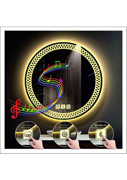 Dnr-Mirror 80 cm Beyaz Ledli Tasarım Kumlamalı Dokunmatik Bluetoothlu Buğu Önleyicili Banyo Aynası Makyaj Ayna indirimleri