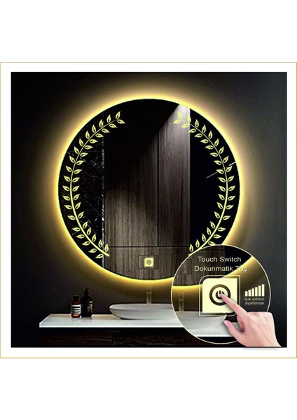 Dnr-Mirror 80 cm Günışığı Ledli Tasarım Kumlamalı Dokunmatik Tuşlu Banyo Aynası Makyaj Aynası Işıklı Ayna