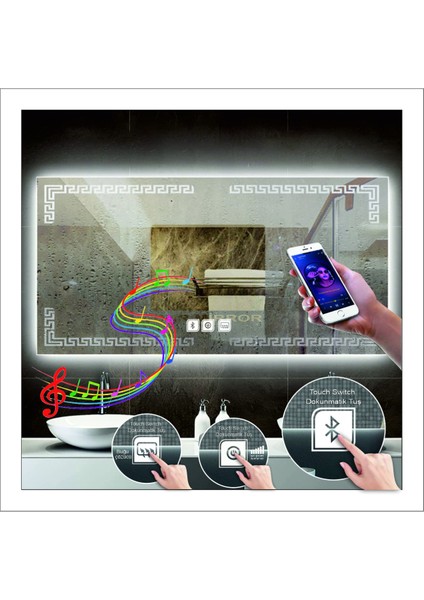 50xDnr-Mirror 70 cm Beyaz Ledli Tasarım Kumlamalı Dokunmatik Bluetoothlu Buğu Önleyicili Makyaj Banyo Aynası fiyatları