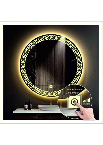 Dnr-Mirror 70 cm Günışığı Ledli Tasarım Kumlamalı Dokunmatik Tuşlu Banyo Aynası Makyaj Aynası Işıklı Ayna