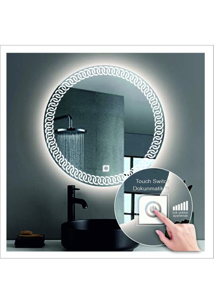 Dnr-Mirror 70 cm Günışığı Ledli Tasarım Kumlamalı Dokunmatik Tuşlu Banyo Aynası Makyaj Aynası Işıklı Ayna