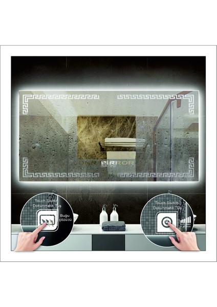 60xDnr-Mirror 80 cm Beyaz Ledli Tasarım Kumlamalı Dokunmatik Tuşlu Buğu Önleyicili Banyo Aynası Makyaj Aynası fiyatları