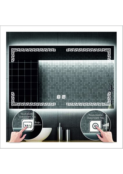 60xDnr-Mirror 80 cm Beyaz Ledli Tasarım Kumlamalı Dokunmatik Tuşlu Buğu Önleyicili Banyo Aynası Makyaj Aynası fırsatları