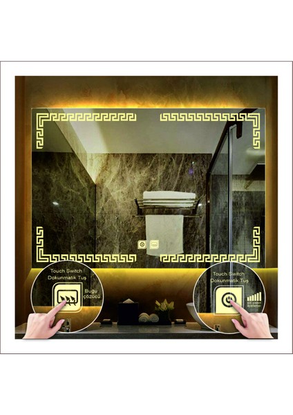 70x90 Cm Günışığı Ledli Tasarım Kumlamalı Dokunmatik Tuşlu Buğu Önleyicili Banyo Aynası