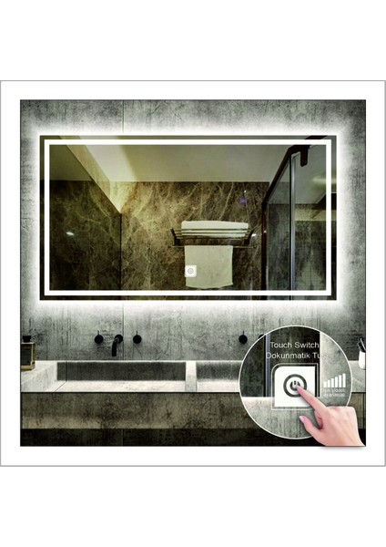 70x90 Cm Beyaz Ledli Tasarım Kumlamalı Dokunmatik Tuşlu Banyo Aynası Makyaj Aynası Işıklı Ayna