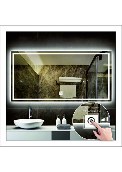 70x90 Cm Beyaz Ledli Tasarım Kumlamalı Dokunmatik Tuşlu Banyo Aynası Makyaj Aynası Işıklı Ayna modelleri
