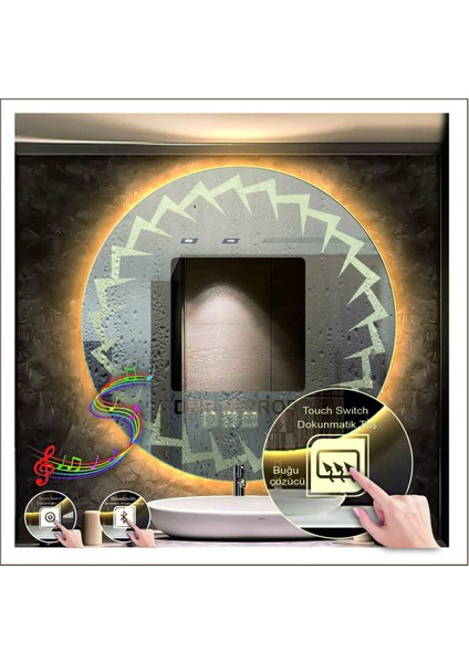 Dnr-Mirror 80 cm Beyaz Ledli Tasarım Kumlamalı Dokunmatik Bluetoothlu Buğu Önleyicili Banyo Aynası Makyaj Ayna