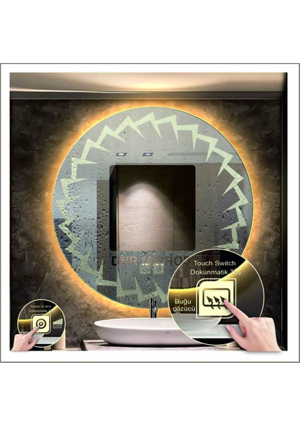 Dnr-Mirror 70 cm Günışığı Ledli Tasarım Kumlamalı Dokunmatik Tuşlu Buğu Önleyicili Banyo Aynası Makyaj Aynası