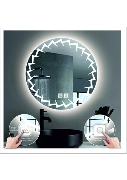 Dnr-Mirror 70 cm Günışığı Ledli Tasarım Kumlamalı Dokunmatik Tuşlu Buğu Önleyicili Banyo Aynası Makyaj Aynası