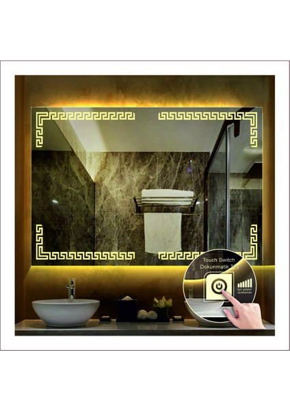 60xDnr-Mirror 80 cm Günışığı Ledli Tasarım Kumlamalı Dokunmatik Tuşlu Banyo Aynası Makyaj Aynası Işıklı Ayna