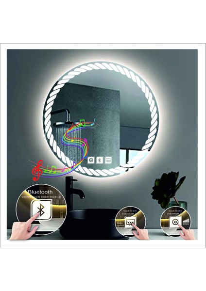 Dnr-Mirror 80 cm Beyaz Ledli Tasarım Kumlamalı Dokunmatik Bluetoothlu Buğu Önleyicili Banyo Aynası Makyaj Ayna fiyatları