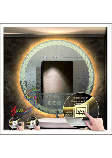 Dnr-Mirror 80 cm Beyaz Ledli Tasarım Kumlamalı Dokunmatik Bluetoothlu Buğu Önleyicili Banyo Aynası Makyaj Ayna fırsatları