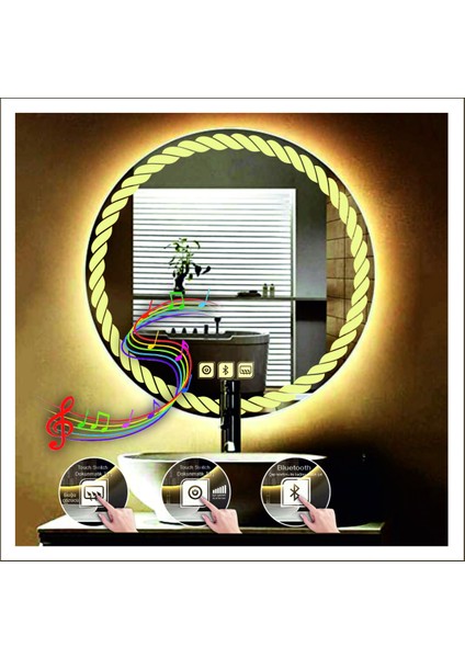 Dnr-Mirror 80 cm Beyaz Ledli Tasarım Kumlamalı Dokunmatik Bluetoothlu Buğu Önleyicili Banyo Aynası Makyaj Ayna indirimleri