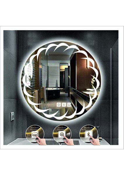 90 Cm Beyaz Ledli Tasarım Kumlamalı Dokunmatik Bluetoothlu Buğu Önleyicili Banyo Aynası Makyaj Ayna